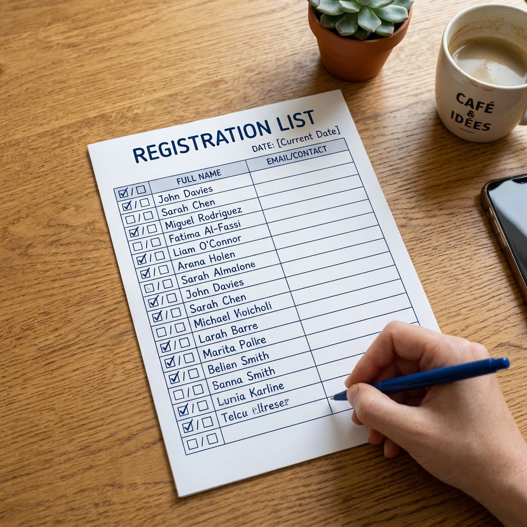 Registration list with checked names and a hand holding a pen